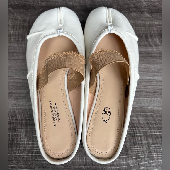 WoodchuckSato Women's White Fold Leather Tabi Mules With Beige Elastic Strap - Picture 4 of 12
